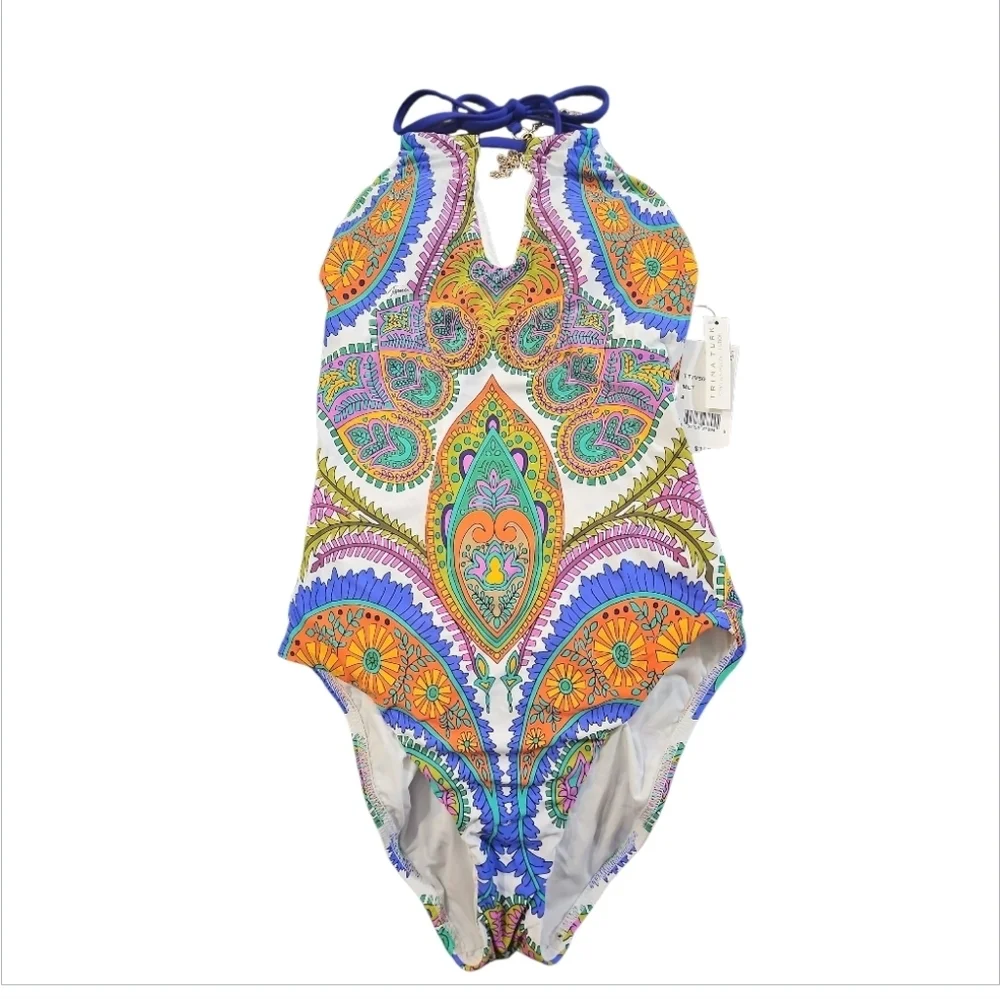 Trina Turk Pacific Paisley High Neck Halter One Piece Swimsuit 4 NWT